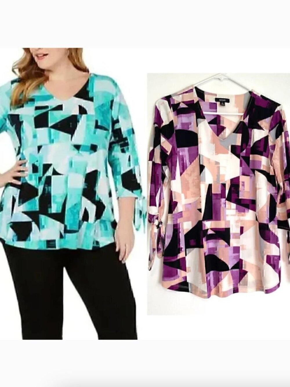 ALFANI Printed Tie Sleeve Blouse Pink Purple Geometric 3/4 Sleeve PETITE Medium